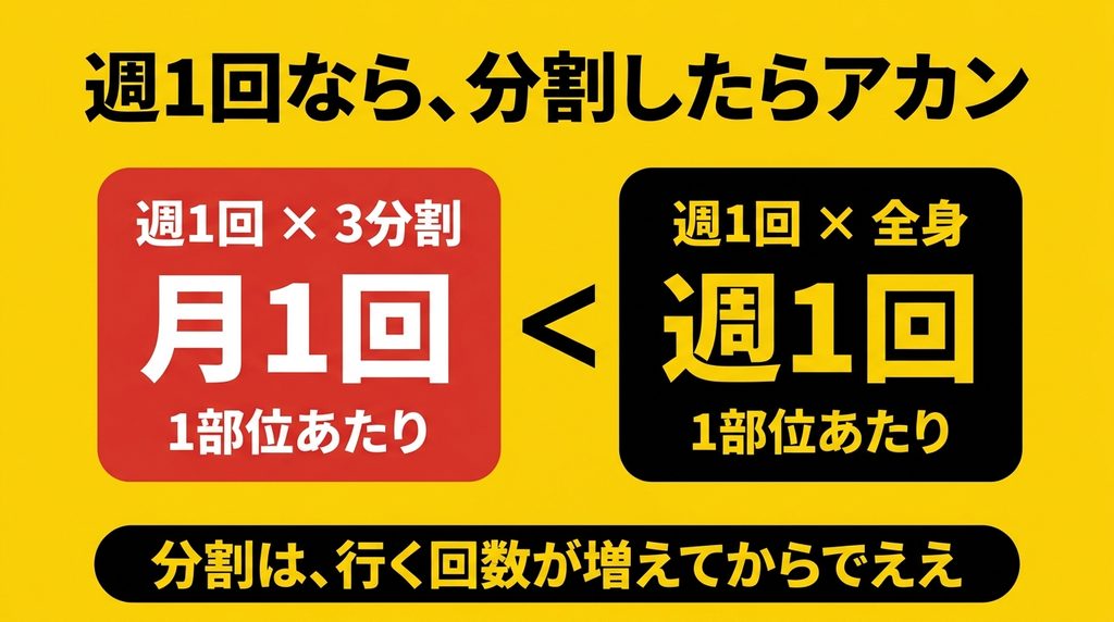 週1回で3分割すると1部位は月1回になるので全身の方がよい