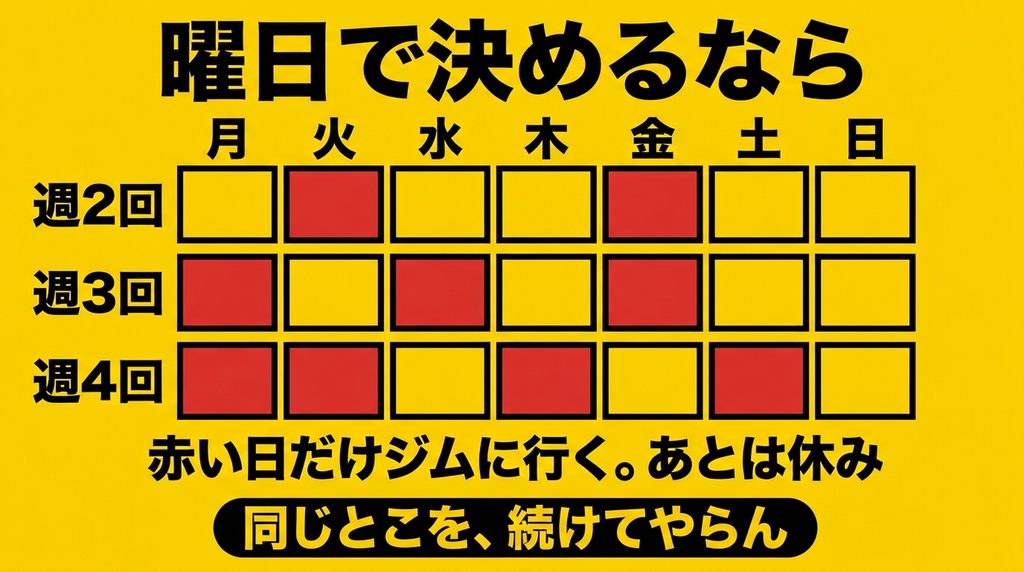 週2回3回4回それぞれの曜日別トレーニング日の組み方の例