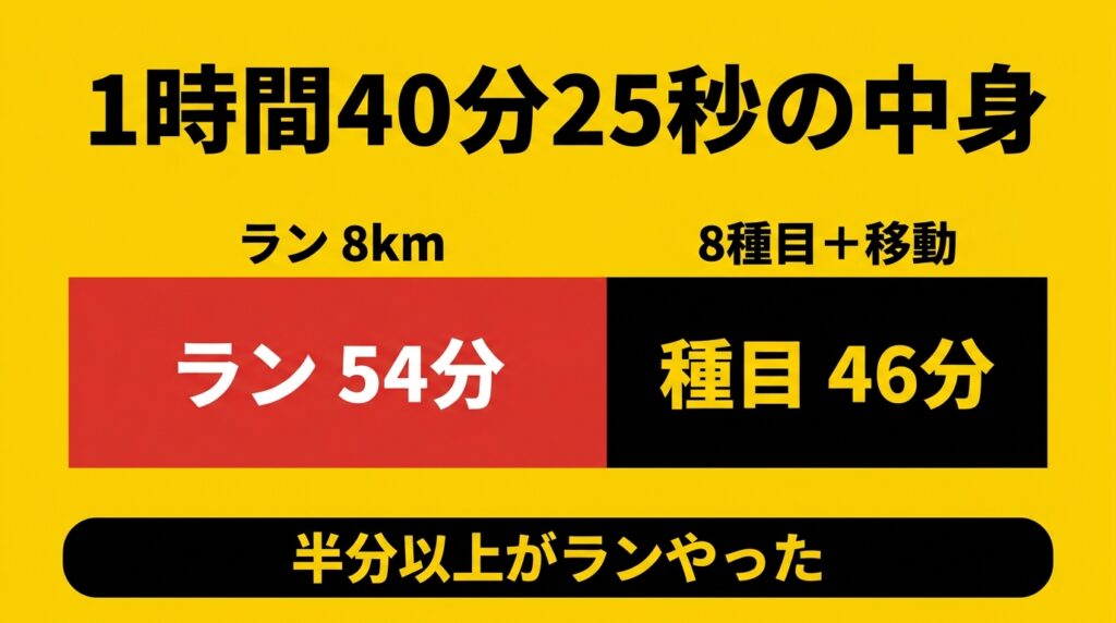 HYROX1時間40分25秒のランと種目の内訳