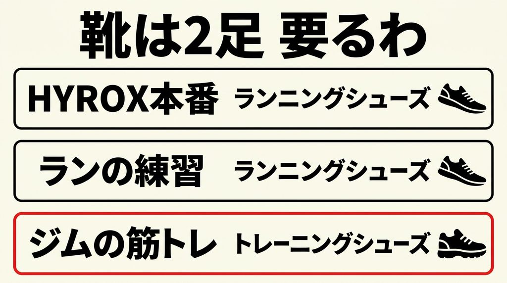 本番・ラン練習・ジムでのシューズの使い分け表
