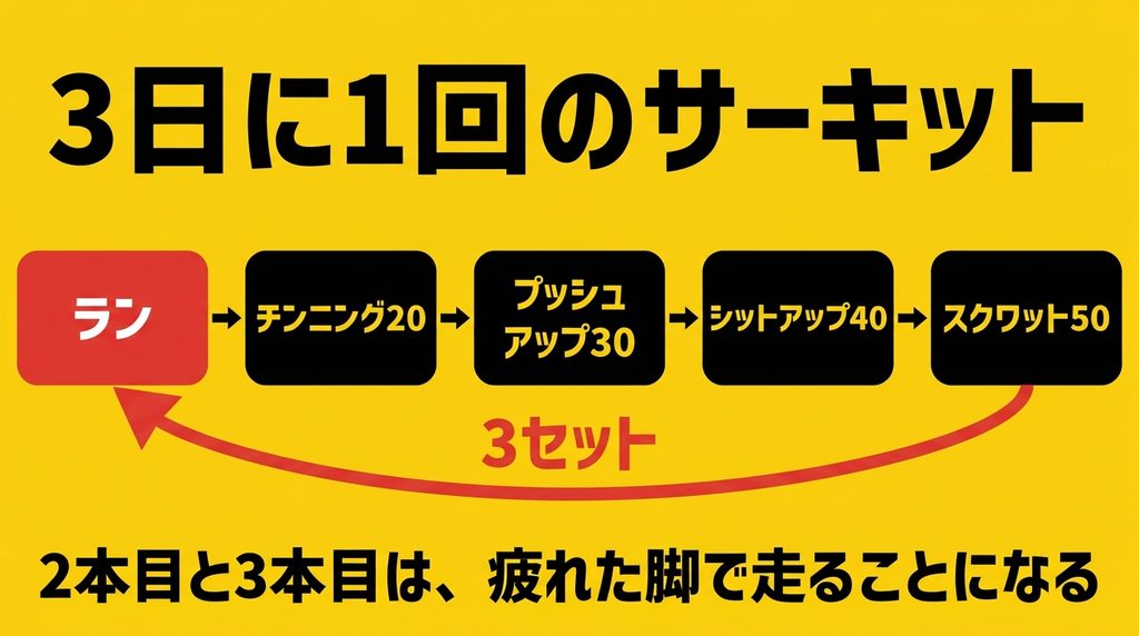 ランを毎セットの頭に入れるサーキットトレーニングの流れ