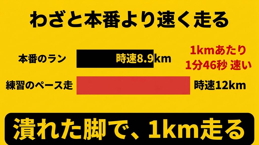 練習のペース走は本番のランより1kmあたり1分46秒速い