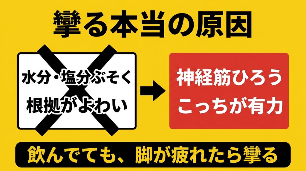 筋肉が攣る原因は水分不足やなく神経筋疲労という比較