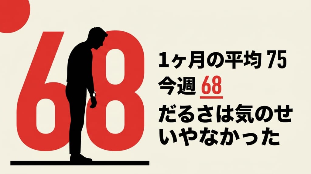 アップルウォッチで測ったHRVの変化。1ヶ月平均75ミリ秒に対し直近1週間は68ミリ秒で9%の低下