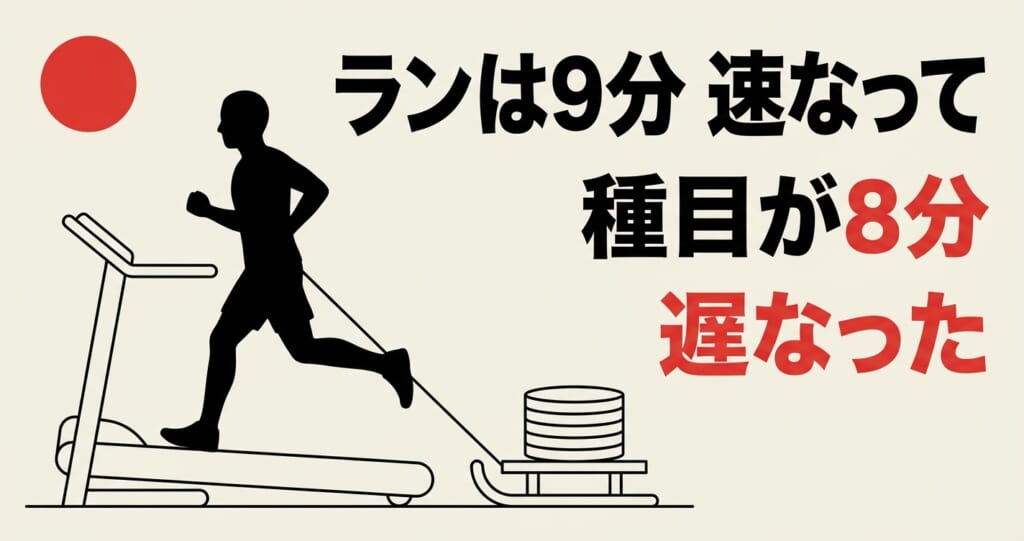 HYROXの通し練習でランは9分速くなったが種目が8分遅くなったことを伝えるアイキャッチ画像