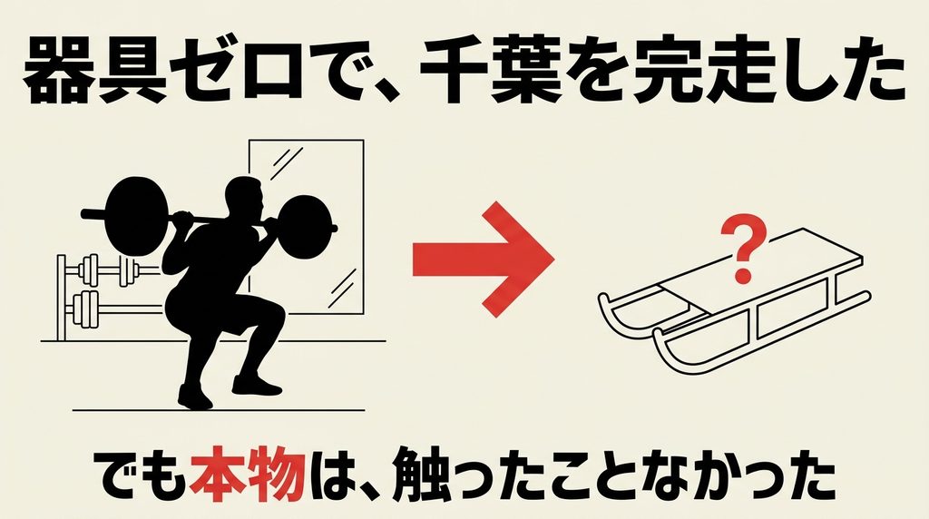 普通のジムでの代用トレーニングと、触ったことのない本物のソリを並べて示したイラスト