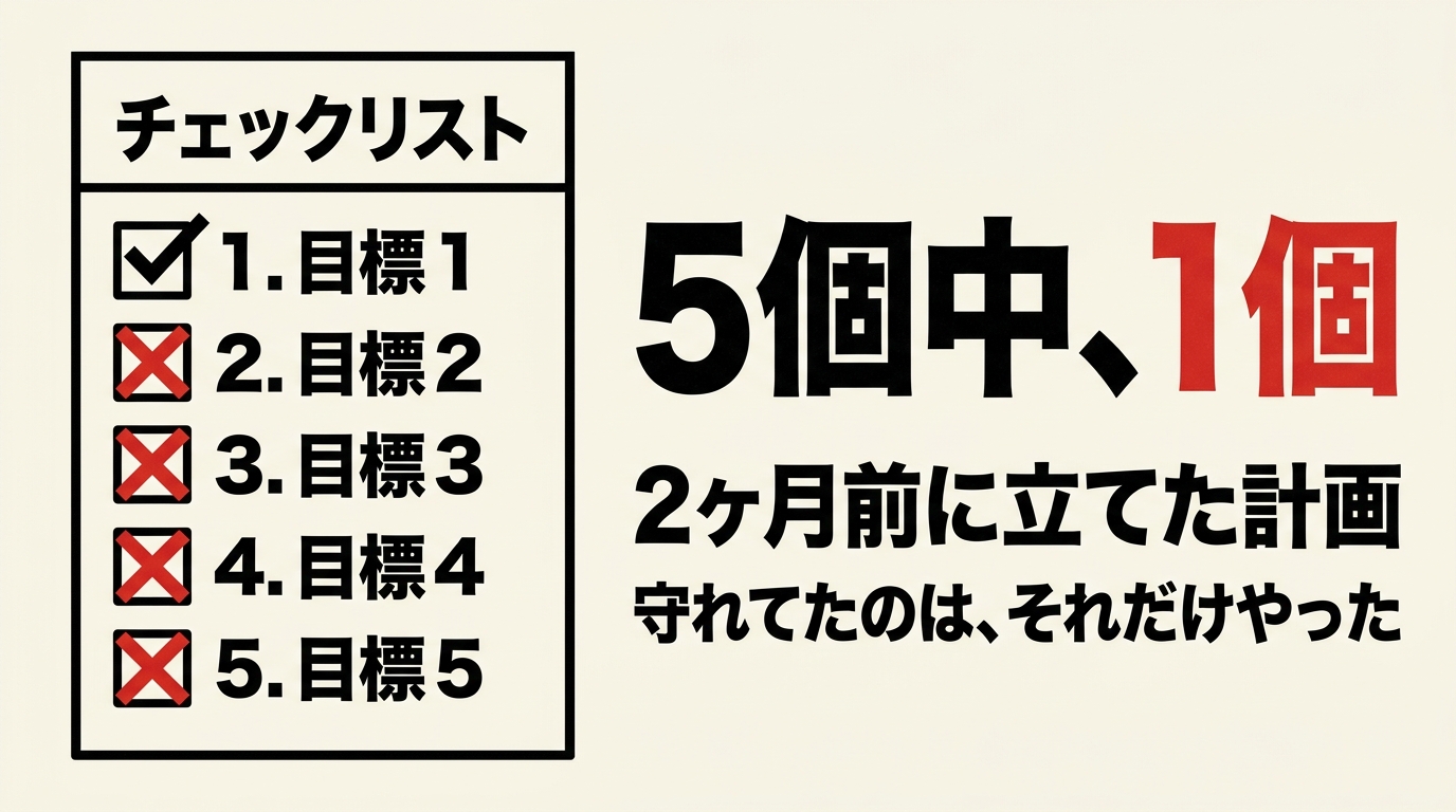 2か月前に立てた計画のうち守れていたのは1つだけだったことを示したイラスト