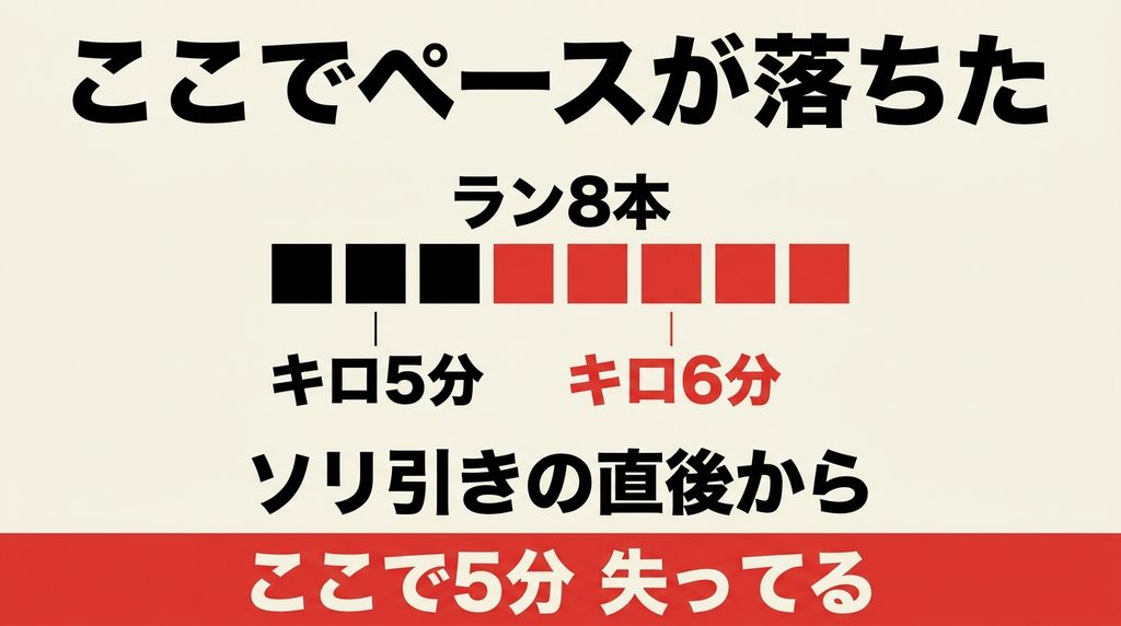 HYROXの通し練習でラン8本のうち3本目まではキロ5分を保てたが4本目以降キロ6分に落ちたことを示した図