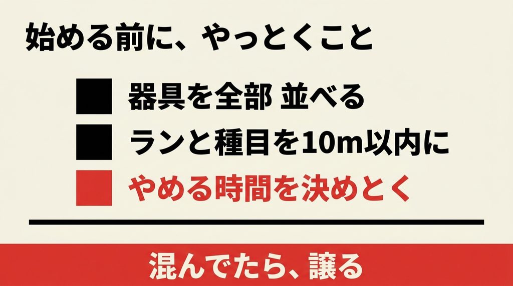 一人で通し練習をやる前に器具を並べることと移動距離とやめる時間を決めることを示した図