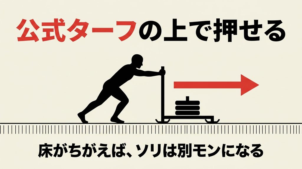公式ターフの上でソリを押している様子と、床で負荷が変わることを示したイラスト