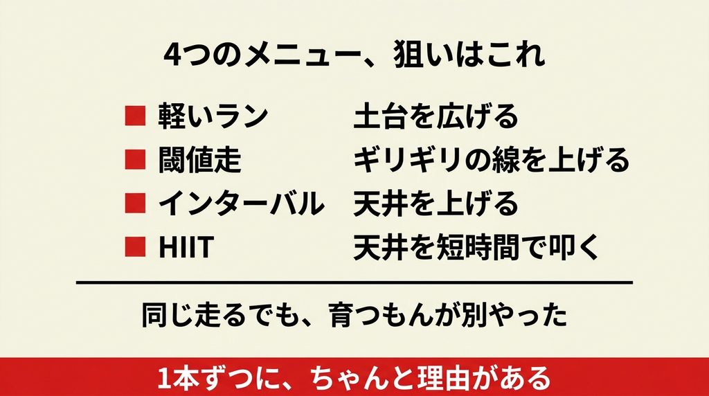 軽いラン閾値走インターバルHIITの4種類それぞれの狙いをまとめた図