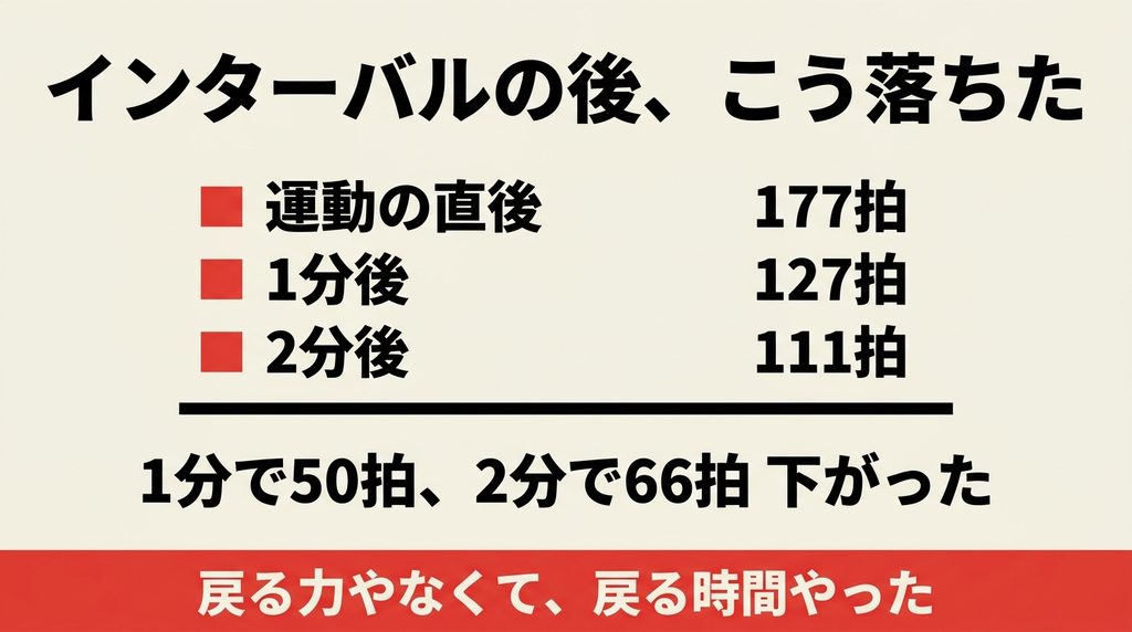 運動直後177拍から1分後127拍2分後111拍まで下がった推移図