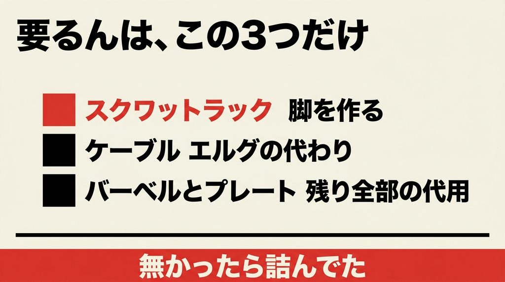 HYROXの練習に必要な器具はスクワットラックとケーブルとバーベルの3つだけであることを示した図